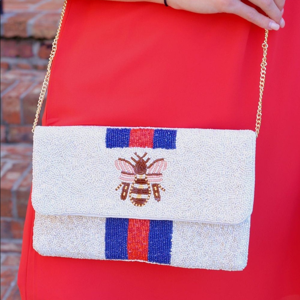 NWT Queen Bee White Hand Beaded Crossbody Clutch